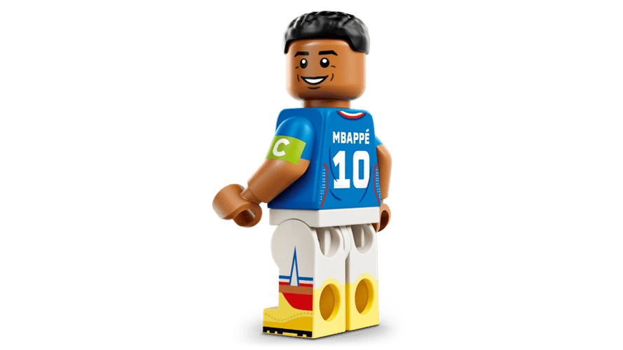 LEGO Kylian Mbappé minifigure viewed from behind showing Mbappé name, number 10 shirt and captain's armband