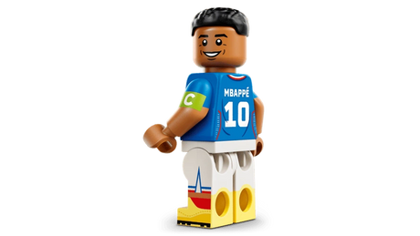 LEGO Kylian Mbappé minifigure viewed from behind showing Mbappé name, number 10 shirt and captain's armband