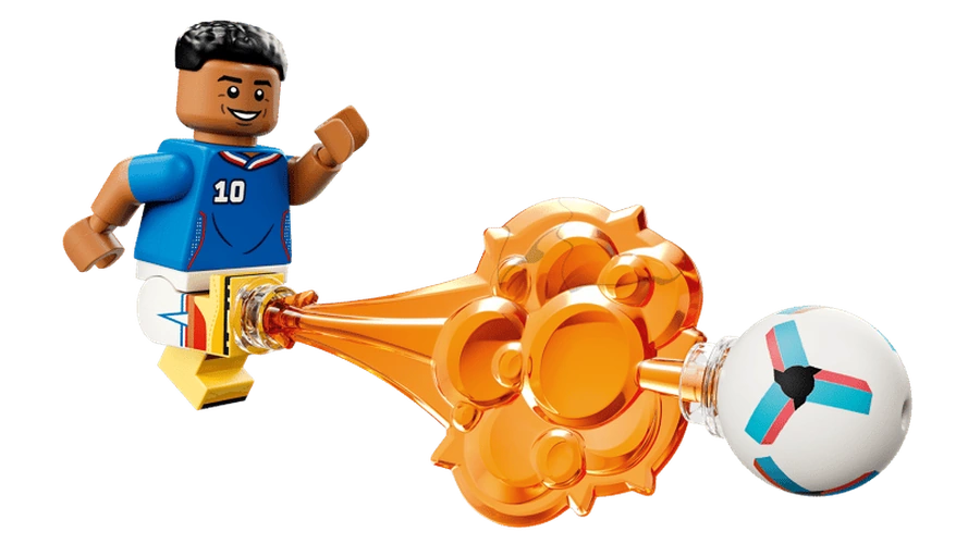 LEGO Kylian Mbappé minifigure in blue France football shirt kicking a football with orange action effect