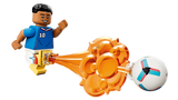 LEGO Kylian Mbappé minifigure in blue France football shirt kicking a football with orange action effect