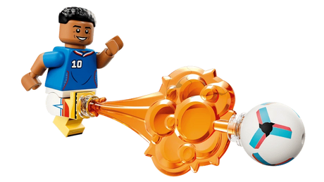LEGO Kylian Mbappé minifigure in blue France football shirt kicking a football with orange action effect