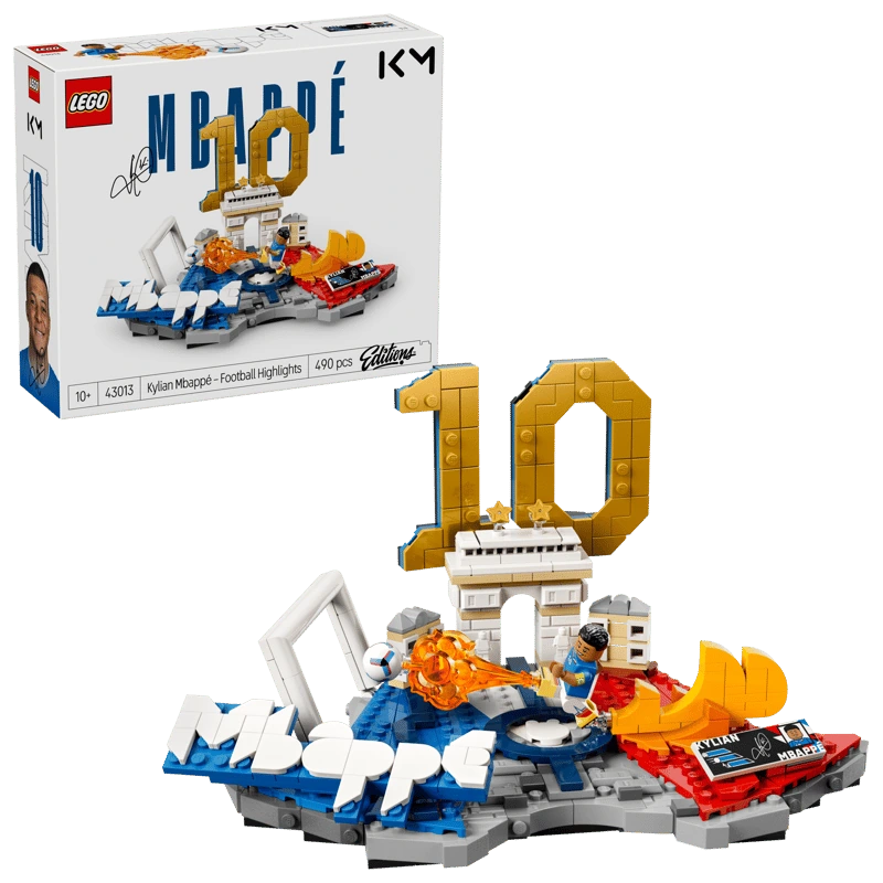 LEGO Editions Kylian Mbappé Football Highlights 43013 box displayed beside the completed football model