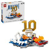 LEGO Editions Kylian Mbappé Football Highlights 43013 box displayed beside the completed football model