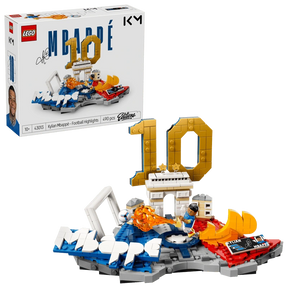 LEGO Editions Kylian Mbappé Football Highlights 43013 box displayed beside the completed football model