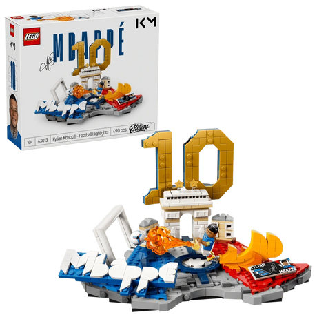 LEGO Editions Kylian Mbappé Football Highlights 43013 box displayed beside the completed football model