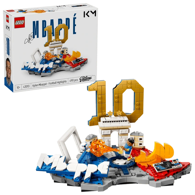 LEGO Editions Kylian Mbappé Football Highlights 43013 box displayed beside the completed football model
