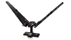 LEGO Kylo Ren's Command Shuttle 75406 display model with wings extended in flight mode on black stand