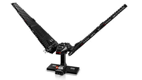 LEGO Kylo Ren's Command Shuttle 75406 display model with wings extended in flight mode on black stand