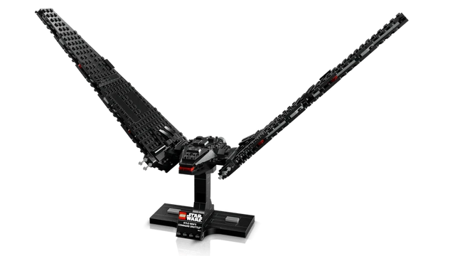 LEGO Kylo Ren's Command Shuttle 75406 display model with wings extended in flight mode on black stand