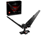 LEGO Kylo Ren's Command Shuttle 75406 model on display stand with box image and wings extended in flight mode