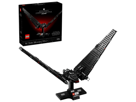 LEGO Kylo Ren's Command Shuttle 75406 model on display stand with box image and wings extended in flight mode