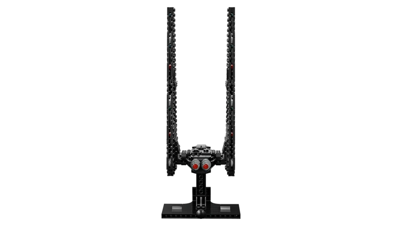 Rear view of LEGO Kylo Ren's Command Shuttle 75406 display model on stand with wings raised in landing mode
