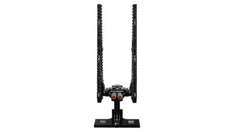 Rear view of LEGO Kylo Ren's Command Shuttle 75406 display model on stand with wings raised in landing mode