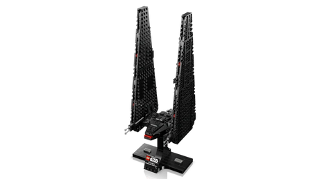 LEGO Kylo Ren's Command Shuttle 75406 display model on stand with wings raised in landing mode
