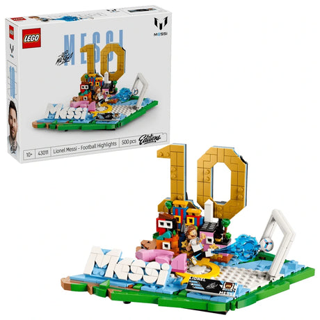 LEGO Lionel Messi - Football Highlights box beside the finished display model on a white background