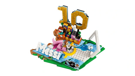 LEGO Lionel Messi - Football Highlights display model shown from an angle on a white background