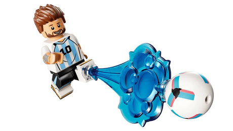 LEGO Lionel Messi minifigure with a blue strike effect and football on a white background