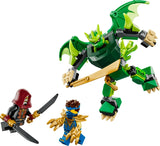 LEGO green dragon mech with blue ninja minifigure and red hooded minifigure