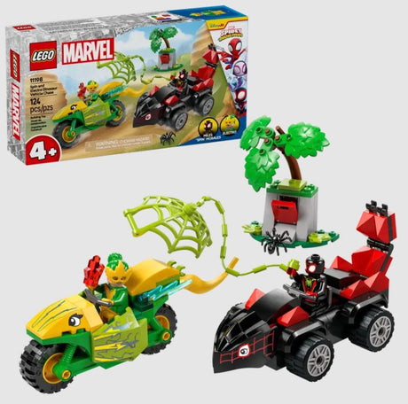 Box of LEGO Marvel 11198 Spin and Electro Dinosaur Vehicle Chase with included figures and vehicles in Ireland