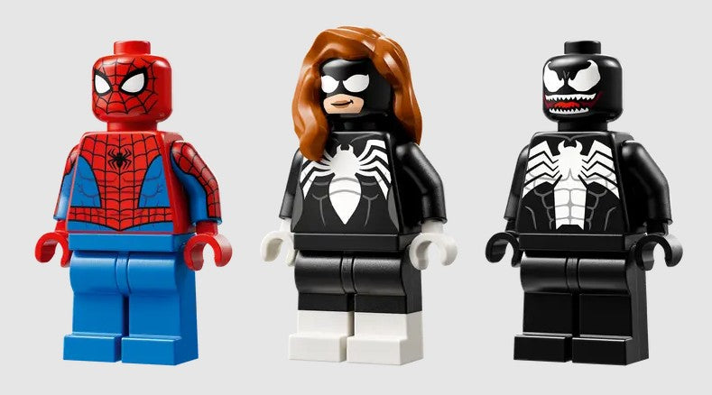 Spider-Man, Spider-Woman, and Venom LEGO Marvel minifigures from 76309 Ireland