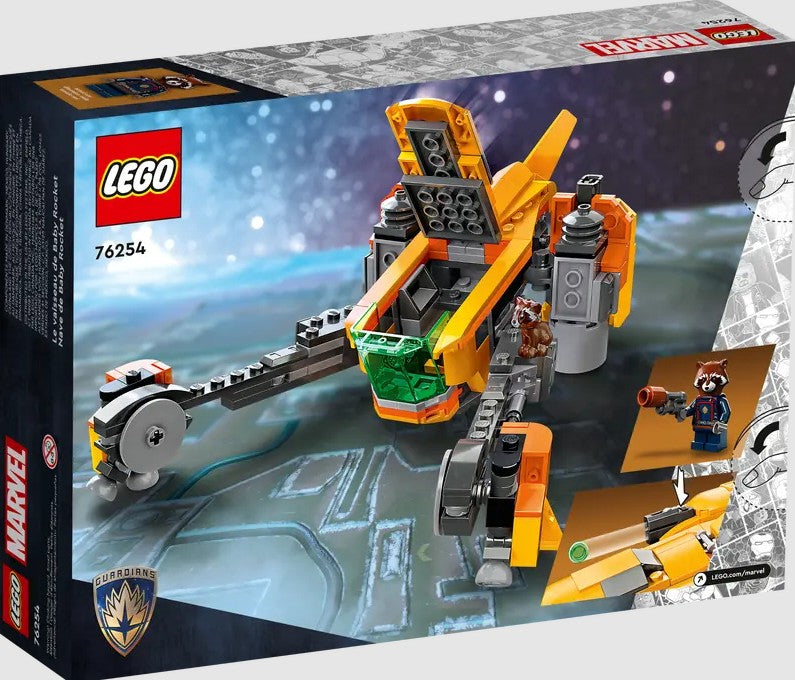 Back of LEGO Marvel Baby Rocket's Ship 76254 box showing play features in Ireland