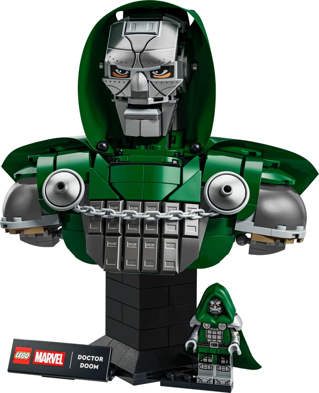 LEGO Marvel Doctor Doom Bust 76345 front display with silver mask, green hood, chest chain, minifigure and nameplate