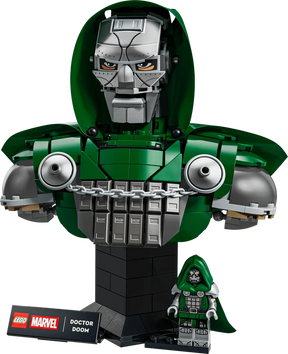 LEGO Marvel Doctor Doom Bust 76345 front display with silver mask, green hood, chest chain, minifigure and nameplate
