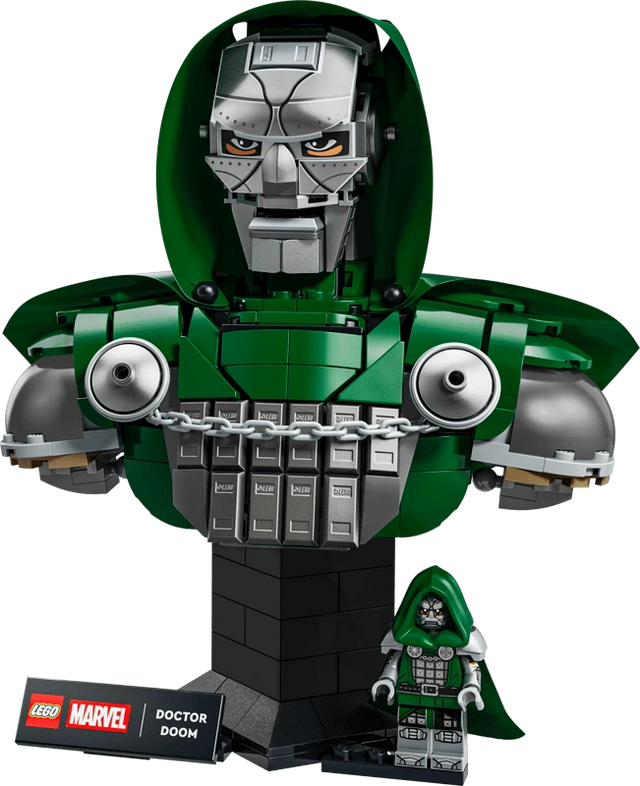 LEGO Marvel Doctor Doom Bust 76345 front display with silver mask, green hood, chest chain, minifigure and nameplate