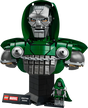 LEGO Marvel Doctor Doom Bust 76345 front display with silver mask, green hood, chest chain, minifigure and nameplate