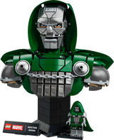 LEGO Doctor Doom bust with silver mask, orange eyes, dark green hood and chain across the chest
