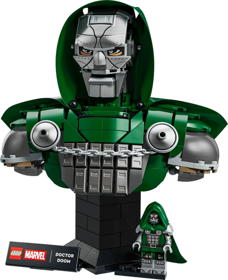 LEGO Doctor Doom bust with silver mask, orange eyes, dark green hood and chain across the chest