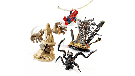LEGO Marvel Epic Battle Spider-Man vs Sandman 76334 action scene showing Spider-Man mid swing, Sandman with oversized sand arm and Venom with four tentacles