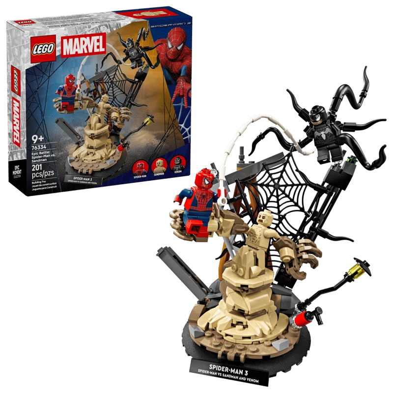 LEGO Marvel Epic Battle Spider-Man vs Sandman 76334 retail box beside assembled Sandman build with Spider-Man swinging on web and Venom with tentacles