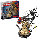 LEGO Marvel Epic Battle Spider-Man vs Sandman 76334 retail box beside assembled Sandman build with Spider-Man swinging on web and Venom with tentacles
