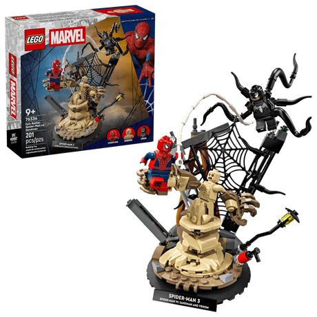 LEGO Marvel Epic Battle Spider-Man vs Sandman 76334 retail box beside assembled Sandman build with Spider-Man swinging on web and Venom with tentacles