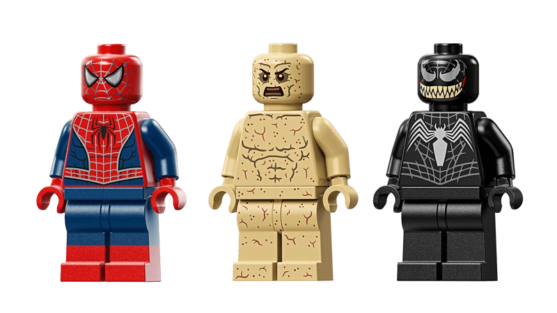 LEGO Marvel Epic Battle Spider-Man vs Sandman 76334 minifigure lineup of Spider-Man, Sandman and Venom