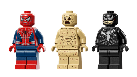 LEGO Marvel Epic Battle Spider-Man vs Sandman 76334 minifigure lineup of Spider-Man, Sandman and Venom