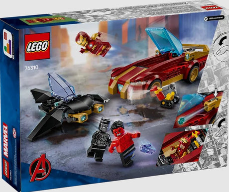 LEGO Marvel 76310 set box back view with Iron Man, Black Panther and Red Hulk – Ireland