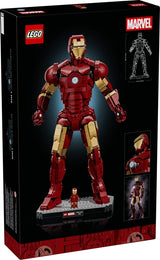 Back of the LEGO Marvel Iron Man Mark 3 Collectors' Edition box showing the completed model, dimensions and close views of the helmet and Arc Reactor