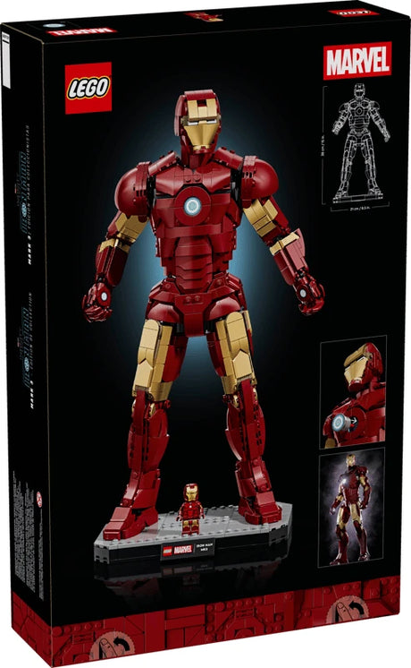 Back of the LEGO Marvel Iron Man Mark 3 Collectors' Edition box showing the completed model, dimensions and close views of the helmet and Arc Reactor