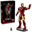 LEGO Marvel Iron Man Mark 3 Collectors' Edition box beside the completed model on its display base and Iron Man minifigure