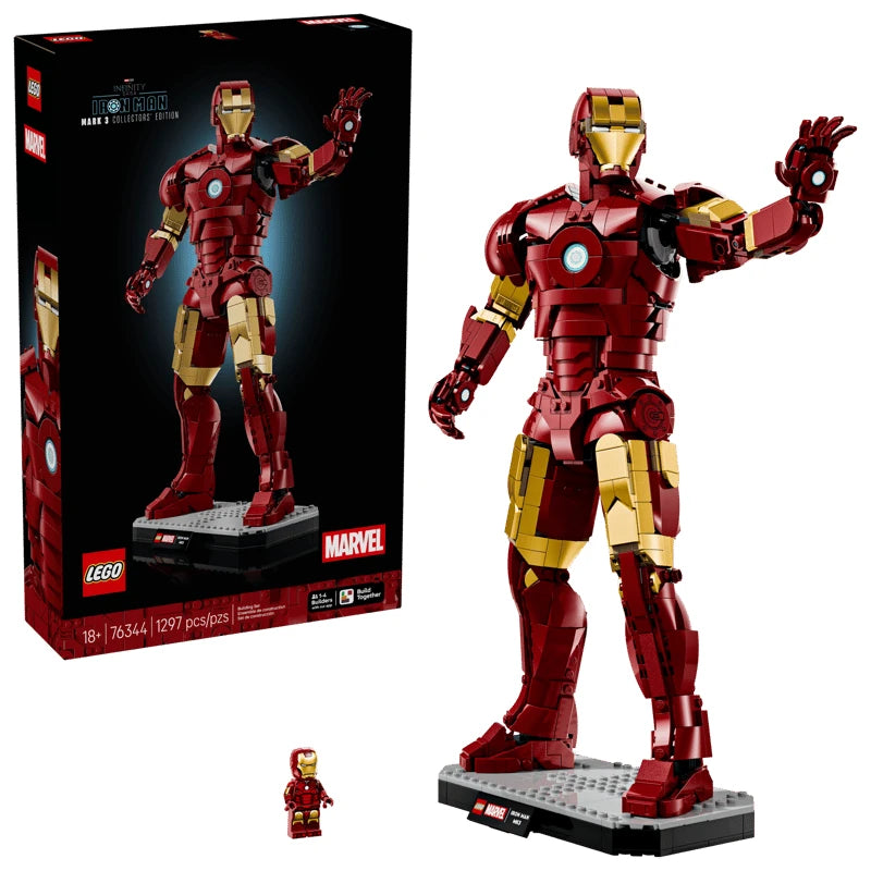 LEGO Marvel Iron Man Mark 3 Collectors' Edition box beside the completed model on its display base and Iron Man minifigure
