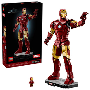 LEGO Marvel Iron Man Mark 3 Collectors' Edition box beside the completed model on its display base and Iron Man minifigure