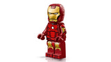 Iron Man minifigure in red and gold Mark 3 armour with a circular blue Arc Reactor