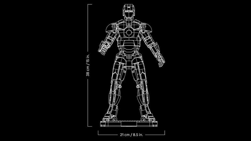 Line drawing of the LEGO Marvel Iron Man Mark 3 model showing a height of 38 cm and width of 21 cm