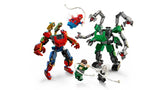 Action scene showing the red Spider Man mech and the green Doc Ock mech with four tentacle arms, with Spider Man swinging overhead on a white web swoosh, Ghost Spider holding a long white web rope, and the Doc Ock minifigure on the ground between the mechs