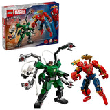 LEGO Marvel Mech Battle Spider Man vs Doc Ock set shown with the retail box, the green Doc Ock mech with four tentacle arms and Doc Ock minifigure seated in the cockpit, the red Spider Man mech with gold spider legs on its back, and the Ghost Spider minifigure holding a white web rope