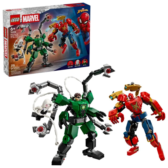 LEGO Marvel Mech Battle Spider Man vs Doc Ock set shown with the retail box, the green Doc Ock mech with four tentacle arms and Doc Ock minifigure seated in the cockpit, the red Spider Man mech with gold spider legs on its back, and the Ghost Spider minifigure holding a white web rope