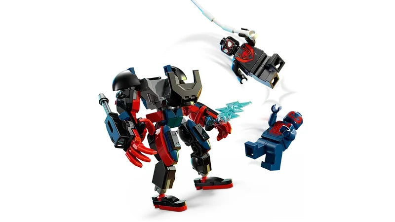 Miles Morales mech attacking Spider Man 2099, with the mech swinging its arm forward while Spider Man 2099 is thrown backward, and the Miles Morales minifigure swinging overhead on a white web against a white background