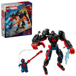 LEGO Marvel Miles Morales Mech vs Spider Man 2099 set shown with the retail box beside the completed black and red mech, with Miles Morales seated in the cockpit and Spider Man 2099 standing to his right.